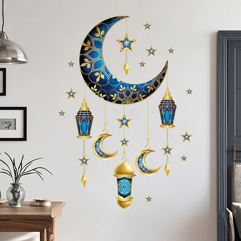 Autocollants Muraux Ramadan PVC Étanche Motifs Lune Étoiles Lanterne Style Islamique Pour Décoration Maison Eid Mubarak