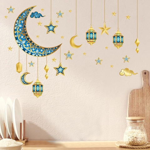 Ramadan Wall Stickers Moon Star Lantern Pattern PVC Waterproof Self Adhesive Islamic Eid Mubarak Home Decor