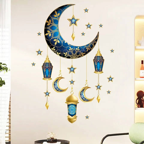 Autocollants Muraux Ramadan PVC Étanche Motifs Lune Étoiles Lanterne Style Islamique Pour Décoration Maison Eid Mubarak