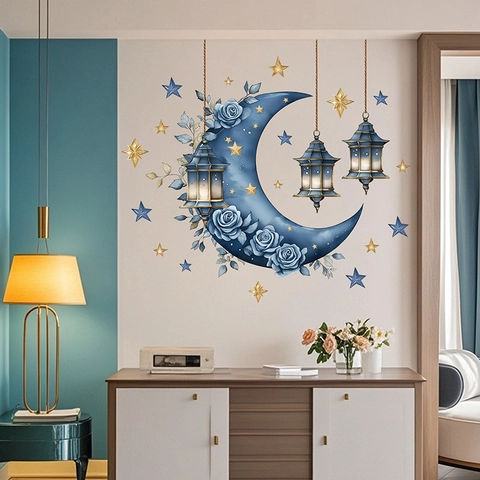 Blue Rose Moon Star Lantern Wall Stickers PVC Self Adhesive Ramadan Eid Mubarak Home Living Room Window Decor Decals