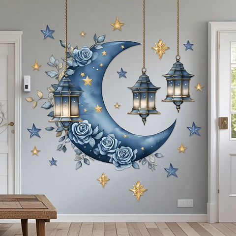 Blue Rose Moon Star Lantern Wall Stickers PVC Self Adhesive Ramadan Eid Mubarak Home Living Room Window Decor Decals