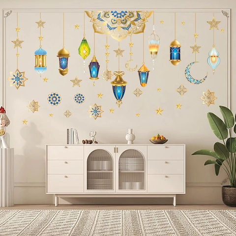Ramadan Wandaufkleber PVC Wasserdicht Für Eid Mubarak Heimdekoration Mond Stern Laterne Muster Abnehmbar