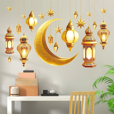 Ramadan Wandaufkleber Gold PVC Mond Laterne Sterne Mandala Dekore Für Eid Mubarak Home Party Decor Wasserdicht