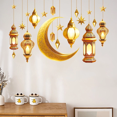 Ramadan Wandaufkleber Gold PVC Mond Laterne Sterne Mandala Dekore Für Eid Mubarak Home Party Decor Wasserdicht