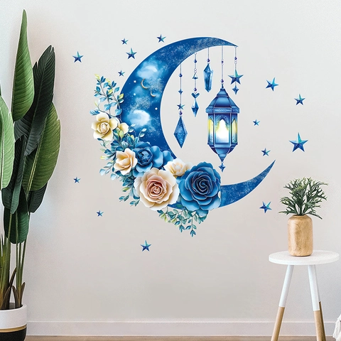 Adesivi Murali Luna Blu Stella PVC Removibile Impermeabile Rosa Lanterna Ramadan Eid Festival Decorazione Camera Da Letto