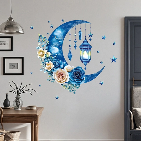 Adesivi Murali Luna Blu Stella PVC Removibile Impermeabile Rosa Lanterna Ramadan Eid Festival Decorazione Camera Da Letto