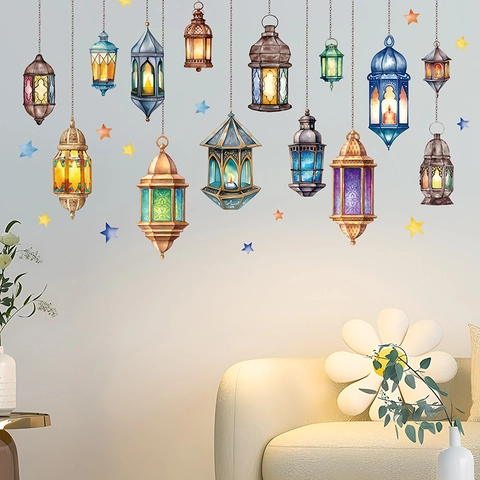Adesivi Murali Lanterna PVC Rimovibile DIY Lampada A Sospensione Colorata Stella Decori Per Festival Soggiorno