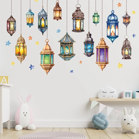 Adesivi Murali Lanterna PVC Rimovibile DIY Lampada A Sospensione Colorata Stella Decori Per Festival Soggiorno