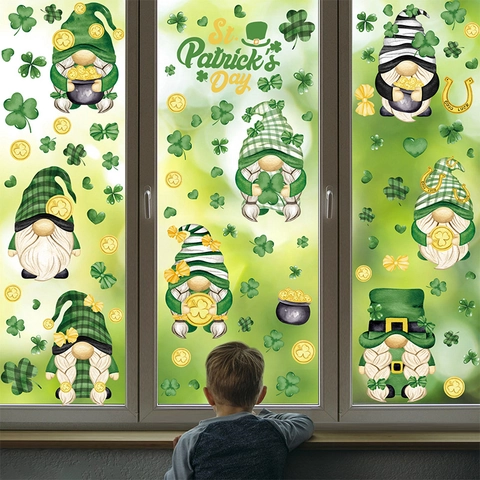 St Patrick's Day Window Clings Static PVC Stickers Double Sided Gnome Shamrock Gold Coin Decor For Glass Windows
