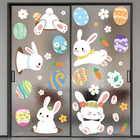 Easter Window Clings Double Sided Bunny Egg Carrot Flower Static Stickers For Glass Decor Seasonal Home Ornament