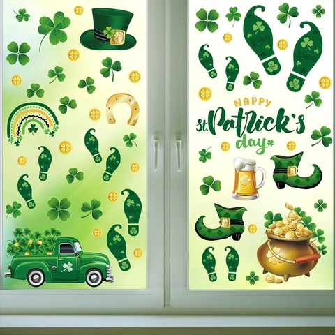 St Patricks Day Window Clings Double Sided Static Stickers Shamrocks Leprechaun Feet Pot Gold Holiday Party Decoration
