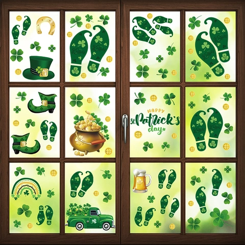 St Patricks Day Window Clings Double Sided Static Stickers Shamrocks Leprechaun Feet Pot Gold Holiday Party Decoration