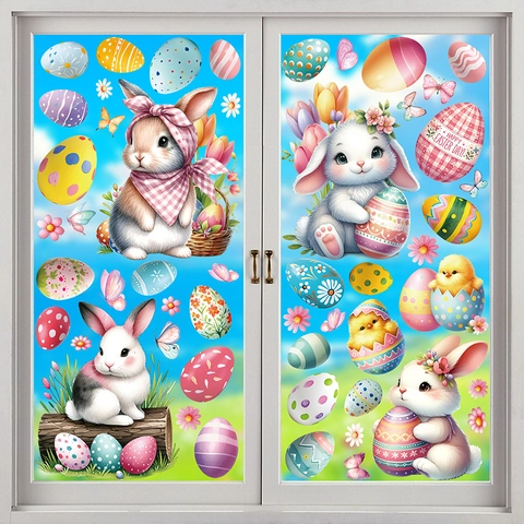 Doppelseitige Statisch Haftende PVC Aufkleber Hase Osterei Gnom Blumen Muster Für Glasfenster Festliche Dekoration