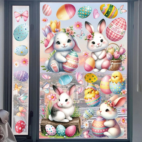 Doppelseitige Statisch Haftende PVC Aufkleber Hase Osterei Gnom Blumen Muster Für Glasfenster Festliche Dekoration