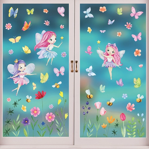 Autocollants Fenêtre Statiques Printemps Fleur Fée Gnome PVC Double Face Stickers Verre Réutilisables Décoration