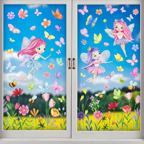 Autocollants Fenêtre Statiques Printemps Fleur Fée Gnome PVC Double Face Stickers Verre Réutilisables Décoration