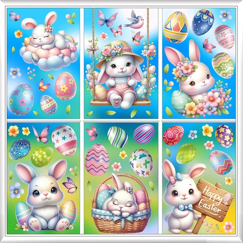 Stickers Fenêtre Pâques Autocollants PVC Statique Double Face Lapin Oeuf Papillon Décoration Maison Verre Style Cartoon