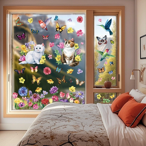 Frühlings Fensterbilder Statisch Aufkleber Doppelseitig Schmetterling Kolibri Blume Katze PVC Abnehmbar Glas Deko