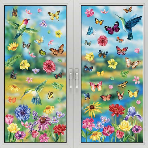 Frühlings Fensterbilder Statisch Aufkleber Doppelseitig Schmetterling Kolibri Blume Katze PVC Abnehmbar Glas Deko