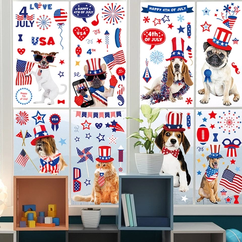 Independence Day Window Clings Static PVC Double Sided Patriotic Dogs Cats USA Flag Fireworks Fourth Of July Decor