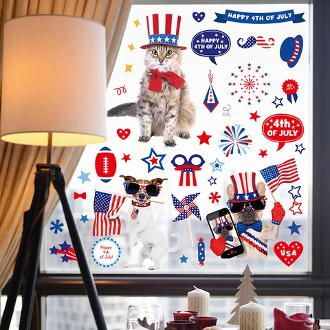 Independence Day Window Clings Static PVC Double Sided Patriotic Dogs Cats USA Flag Fireworks Fourth Of July Decor