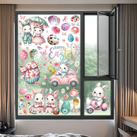 Adesivi Finestra Pasqua Coniglio Uova Fiori Statici Doppia Faccia Decorazione Primavera Vetro Casa Ufficio