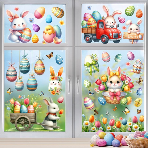 Easter Window Clings Static Cling Double Sided PVC Cartoon Bunny Egg Gnome Glass Decals Reusable Spring Home Decoration