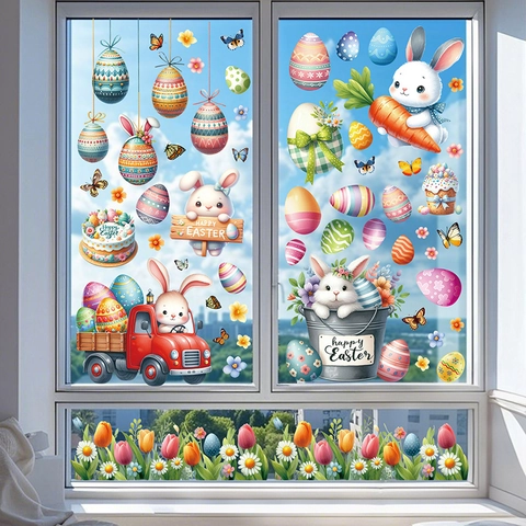 Easter Window Clings Static Cling Double Sided PVC Cartoon Bunny Egg Gnome Glass Decals Reusable Spring Home Decoration