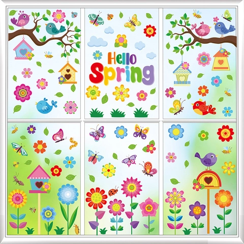 Spring Window Clings PVC Static Stickers Double Sided Floral Bird Butterfly Gnome Decals Seasonal Home Decoration