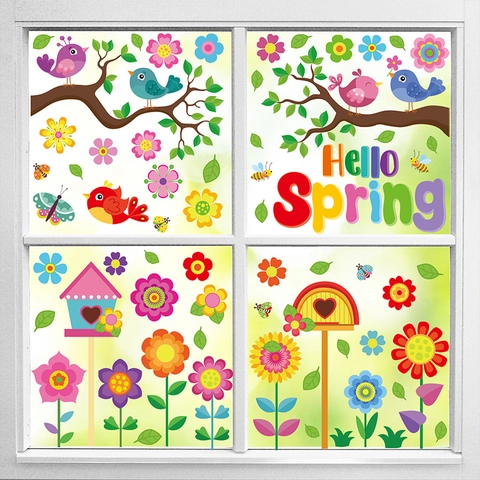 Spring Window Clings PVC Static Stickers Double Sided Floral Bird Butterfly Gnome Decals Seasonal Home Decoration