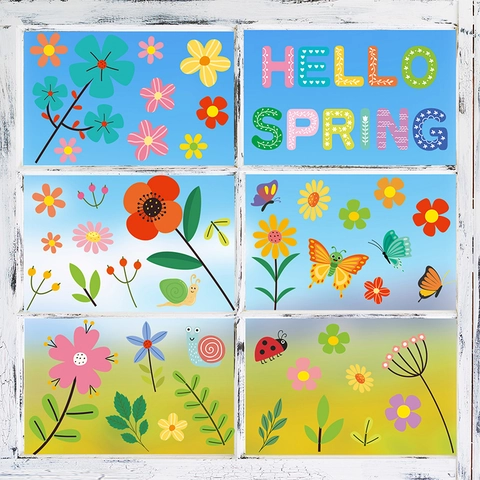 Spring Window Clings Static Stickers Double Sided Flower Butterfly Cartoon Bird Bee Gnome Glass Decals Decorative Decor