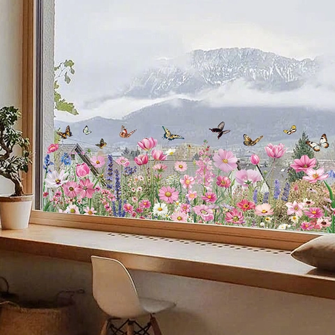 Pegatinas De Ventana De Flores Y Mariposas Estáticas De PVC Calcomanías De Vidrio Para Decoración De Sala Dormitorio Cocina
