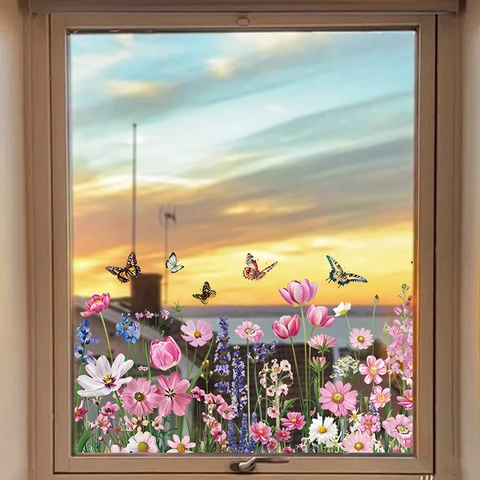 Pegatinas De Ventana De Flores Y Mariposas Estáticas De PVC Calcomanías De Vidrio Para Decoración De Sala Dormitorio Cocina