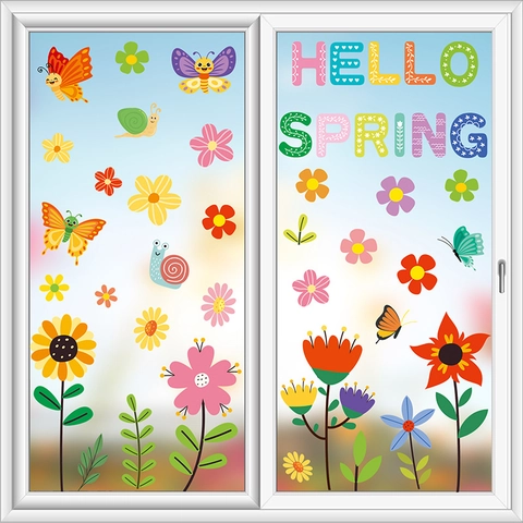 Spring Window Clings Static Stickers Double Sided Flower Butterfly Cartoon Bird Bee Gnome Glass Decals Decorative Decor