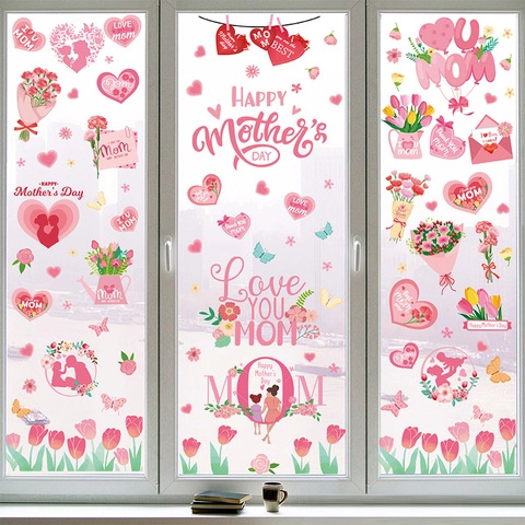 Mother Day Window Clings Static PVC Stickers Reusable Double Sided Flower Heart Gnomes Home Decor Love You Mom
