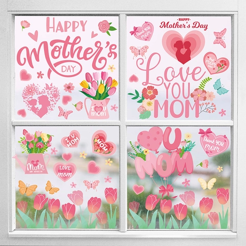 Mother Day Window Clings Static PVC Stickers Reusable Double Sided Flower Heart Gnomes Home Decor Love You Mom