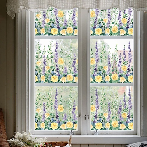 Vinilos Florales Para Ventanas Pegatinas Estáticas Vidrio PVC Rosa Amarilla Glicina Morada Translúcido Impermeable Decoración