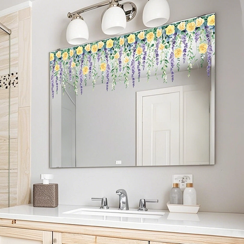 Vinilos Florales Para Ventanas Pegatinas Estáticas Vidrio PVC Rosa Amarilla Glicina Morada Translúcido Impermeable Decoración