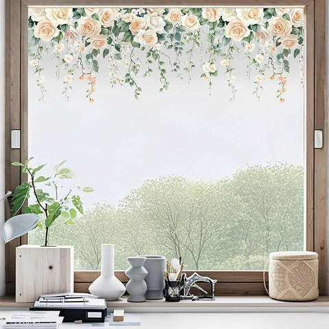 Autocollants De Fenêtre De Vigne Florale De Rose Blanche Adhérence Statique PVC Imperméable Décalcomanies Murales Romantiques