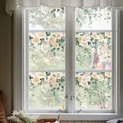 Autocollants De Fenêtre De Vigne Florale De Rose Blanche Adhérence Statique PVC Imperméable Décalcomanies Murales Romantiques
