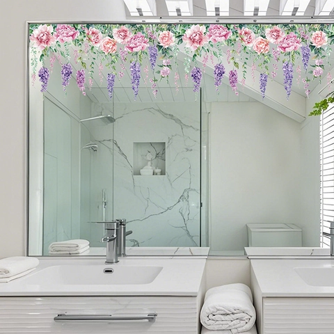 Bloemen Vensterstickers Statisch PVC Waterdicht Decoratieve Pioenroos Lavendel Hangende Guirlande Voor Glas Spiegel