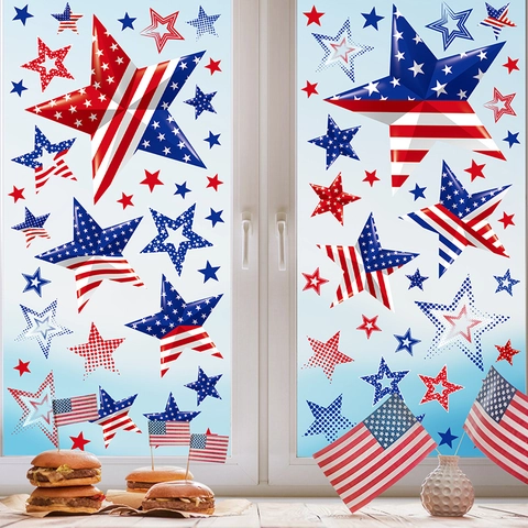 Independence Day Window Stickers Star Static Cling Decals Patriotic Red White Blue Glass Decorations PVC Removable Theme