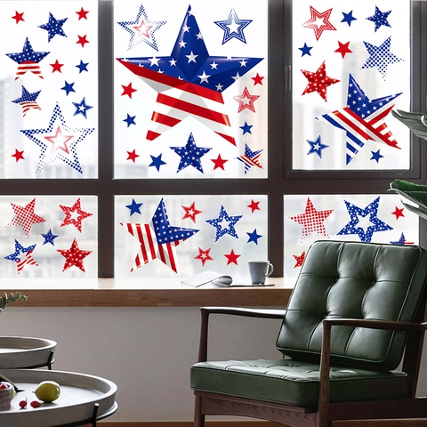 Independence Day Window Stickers Star Static Cling Decals Patriotic Red White Blue Glass Decorations PVC Removable Theme