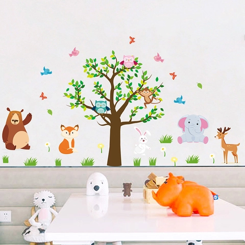 Cartoon Waldtiere Wandaufkleber Wasserdichtes PVC Kinderzimmer Deko Schlafzimmer Baum Bär Elefant Abnehmbar