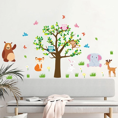 Cartoon Waldtiere Wandaufkleber Wasserdichtes PVC Kinderzimmer Deko Schlafzimmer Baum Bär Elefant Abnehmbar