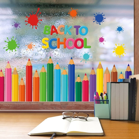 Back To School Window Clings PVC Static Stickers Colorful Pencil Ink Splatter Classroom Office Home Decoration