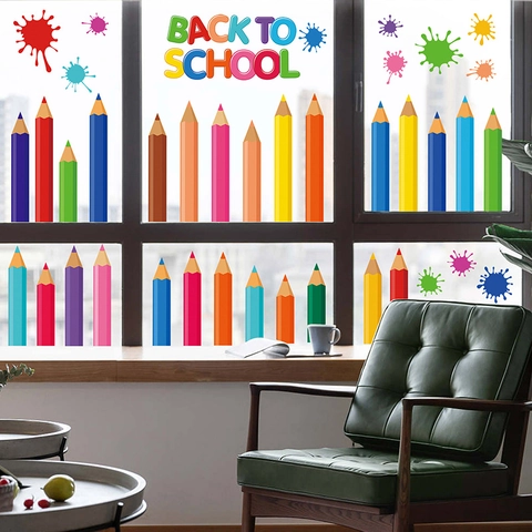Back To School Window Clings PVC Static Stickers Colorful Pencil Ink Splatter Classroom Office Home Decoration