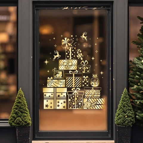Christmas Window Stickers Golden Metallic PVC Static Cling Merry Christmas Tree Wreath Holiday Glass Door Decor