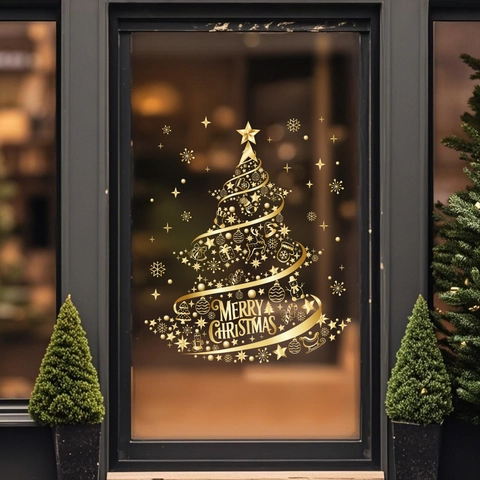 Christmas Window Stickers Golden Metallic PVC Static Cling Merry Christmas Tree Wreath Holiday Glass Door Decor