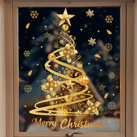 Christmas Window Stickers Gold Static Cling Xmas Tree Snowflakes Stars Glass Door Decals Festive Party Home Decor